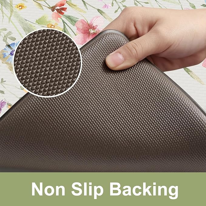 KIMODE Anti Fatigue Mats for Kitchen Floor, 20"x39" White Floral Kitchen Rug, Cushioned Kitchen Floor Mat Non Slip, Memory Foam Standing Mat for Sink Laundry Office Desk