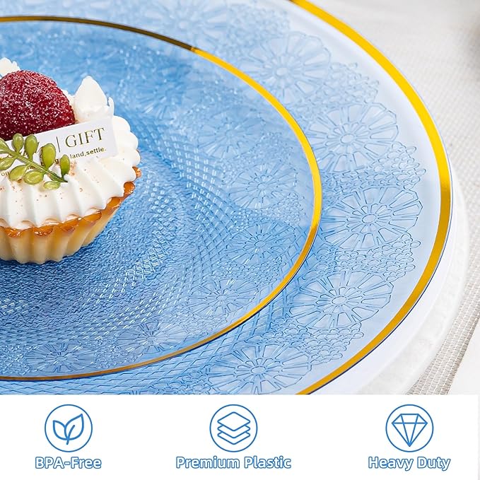 60PCS Blue Plastic Plates with Gold Rim, Lace Patterns Heavy Duty Disposable Plates Include 30 Dinner Plate 10 Inch and 30 Salad Plate 7 Inch for Party, Wedding, Transparent Blue