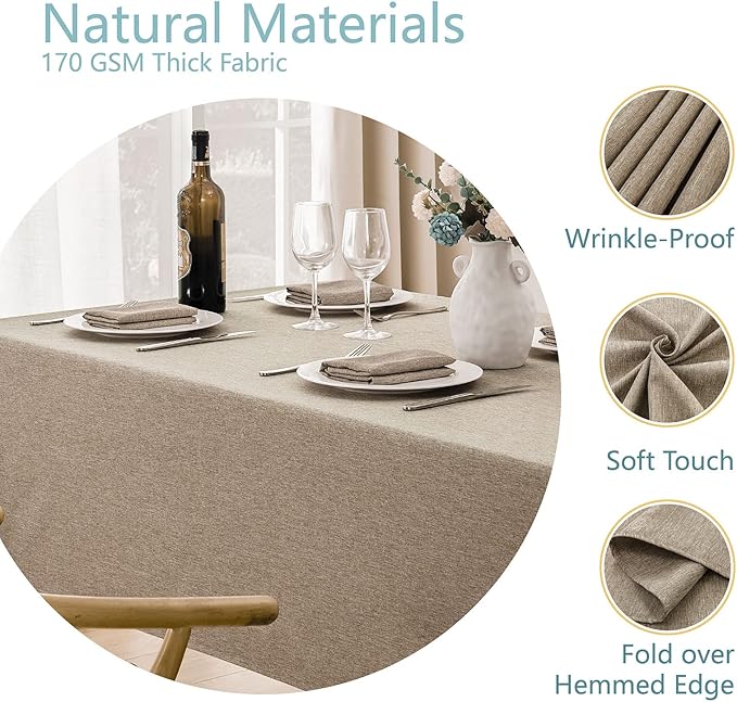 Rectangle Tablecloth Linen Textured Waterproof & Stain Resistant Table Cloth Wrinkle Free Decorative Fabric Farmhouse Table Cover for Dining/Party/Buffet/Wedding, 60 x 84 Inch, Mocha