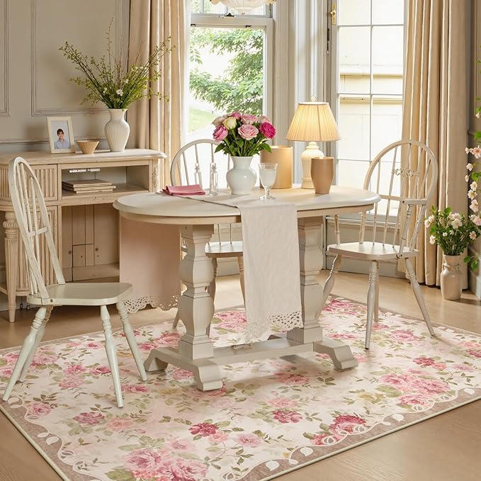 Lahome Floral Washable 3x5 Rug, Small Rugs for Bedroom Soft Non-Slip,Entry Way Rugs Indoor Low Pile Carpet for Nursery Kids Playroom Beige/Pink/Multi