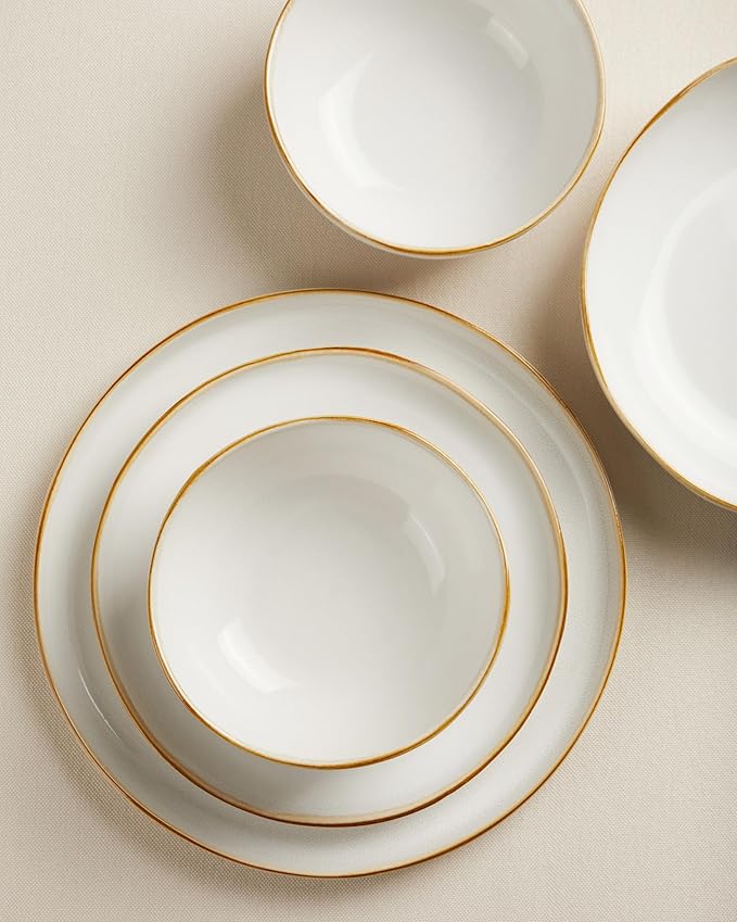 Pasta Bowls Set of 6, Wavy Rim Large Salad Bowl, Dishwasher Safe Ceramic Plates, White Everyday Pasta Plates for Soup, Noodle, Dinner