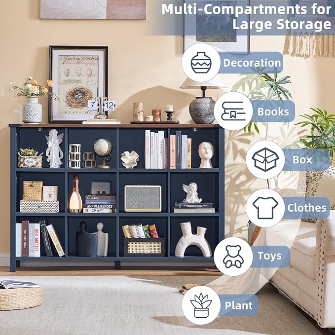 12 Cube Storage Organizer, Farmhouse 62 Inch Wide Navy Blue Display Bookshelf, Wooden 3 Tier Large Open Book Shelf, Vintage Bookcase for Home Office, Cubby Cabinet for Living Room, Bedroom
