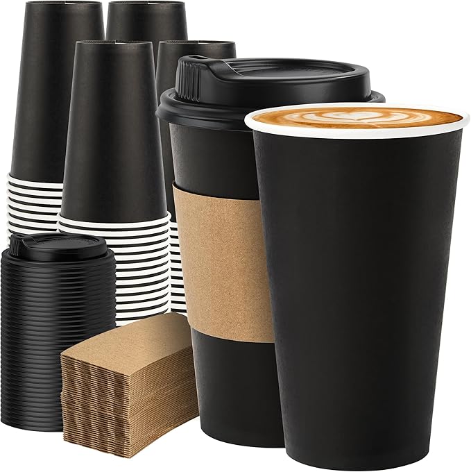 100 Pack 16 oz Disposable Coffee Cups with Lids and Sleeves, Sturdy Paper Cups for Hot/Cold Drinks, Leak-Proof To Go Coffee Cups with Lids for Home, Café, Events, Office, Black