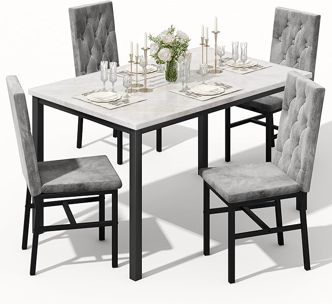 Hooseng Dining Table Set for 4, Faux Marble Small Kitchen Table Chairs Set of 4 with Luxurious Button Tufted Dinner Chairs for Kitchen and Dining (Beige)