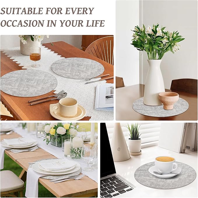 13" Round Placemats Set of 12, Reversible Faux Leather Heat Resistant Table Mats, 100% Waterproof Oilproof Wipeable Table Protective Placemats for Vinyl, Washable for Indoor (12, Light Grey)