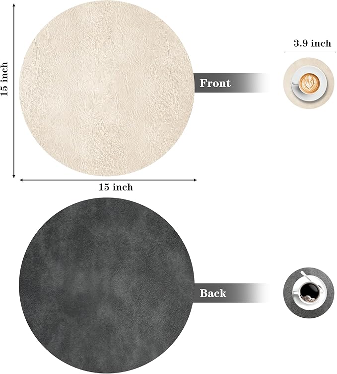 Round Placemats and Coasters Set of 4, Washable Reversible Faux Leather Placemats Cowhide Pattern Place Mats Wipeable Non-Slip 15 inch Round Kitchen Dining Table Mats (Gray Beige, 4)