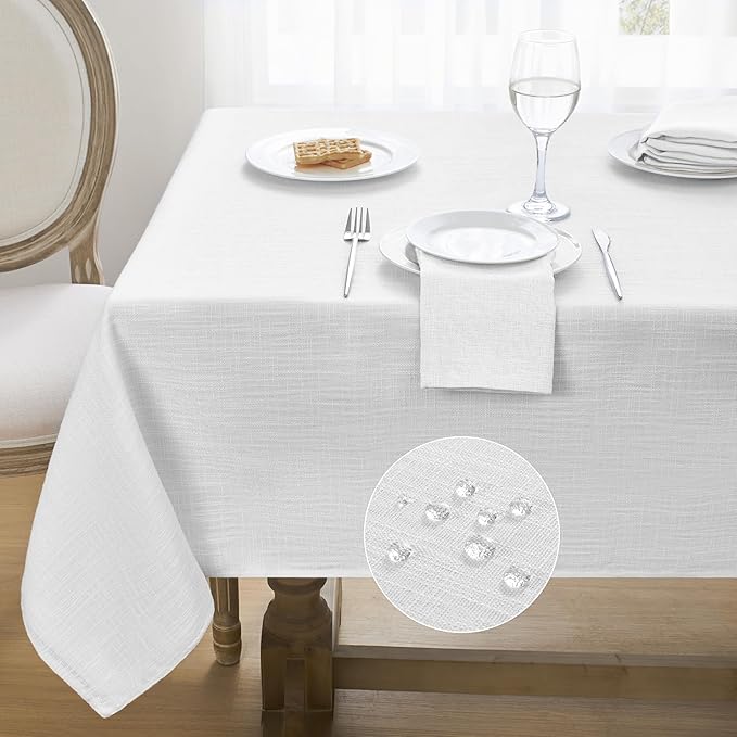 Softalker Linen Textured Rectangle Tablecloth, Waterproof Wipeable Farmhouse Burlap Table Cloth, Stain Resistant Wrinkle Free Table Covers for Kitchen Dining Holiday Party (60 x 84, White)
