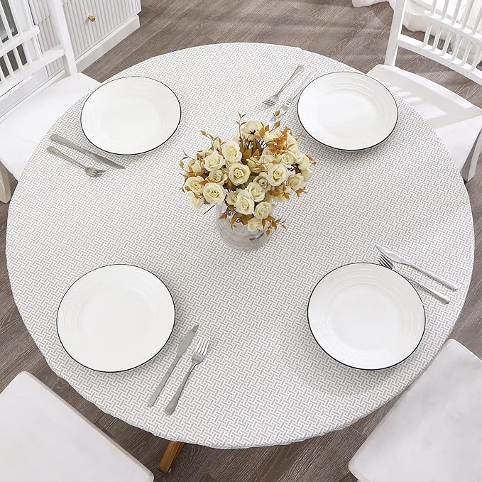 Walrus Round Vinyl Fitted Tablecloth with Flannel Backing Elastic Edge Design Table Cover Waterproof Oil-Proof PVC Table Cloth Stain-Resistant Best for 57"-66" Round