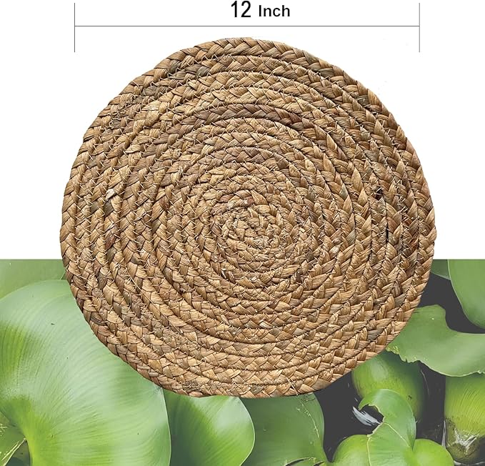 ANDSTAR Round Woven Placemats Set of 4, 12"x12", Natural Wicker Placemats, Water Hyacinth Straw Braided Placemats,Boho Place Mats for Farmhouse, Rustic Table (Water Hyacinth in Natural Color)