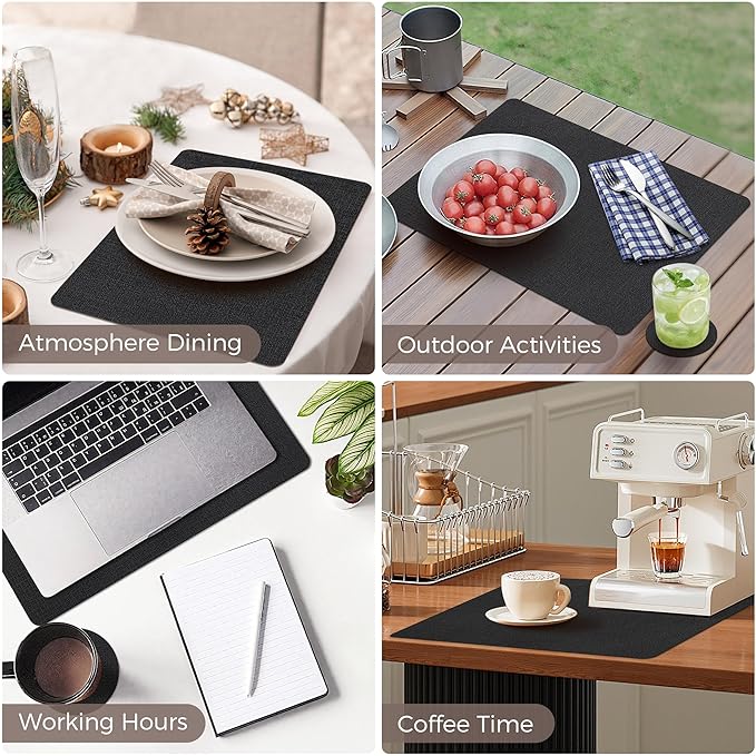 Vinyl Placemats Set of 8, Faux Leather Waterproof and Heat Resistant Place Mats, Washable Anti-Slip Table Mats with Coaster, Wipeable Placemats for Indoor & Outdoor 17" x 12" (Black, Set of 8)