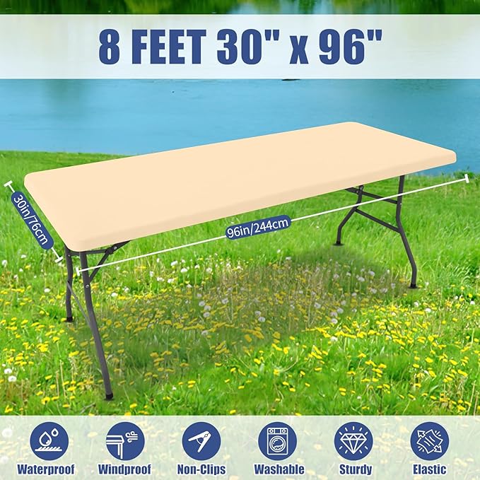 Spandex 8 Foot Rectangle Table Cloth 2 Pack, Elastic Fitted Tablecloths for Picnic, Stretch Washable Patio Table Cover for Outdoor, Camping, Banquet and Parties(Ivory, 30"x96")