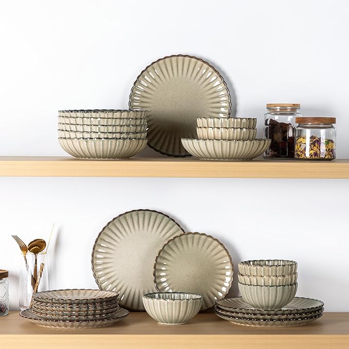 GBHOME Stoneware Dinnerware Sets for 4,Handcrafted Embossed Design Reactive Glaze Ceramic Plates and Bowls, Dishwasher and Microwave Safe, Service for 4(12pcs),Green Wheat