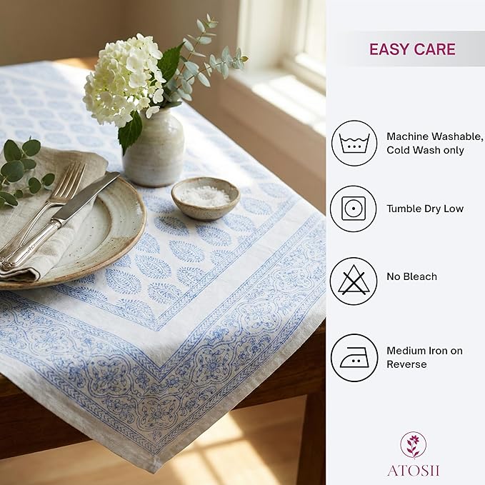 ATOSII Amalfi 100% Cotton Boho Rectangle Fall Tablecloth, Handblock Print Table Cloth for Kitchen I Dining Table Linen Fall Décor I Parties Wedding Outdoor Christmas Thanksgiving I 60 X 108 Inches
