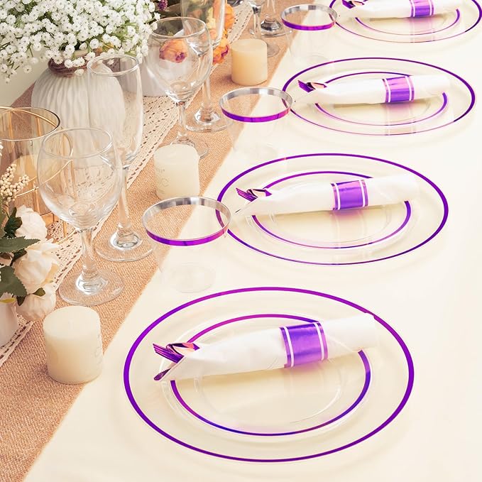 BESTSTAR 350PCS Clear and Purple Disposable Plates Set for 50 Guests, 100 Plastic Plates, 50 Plastic Cups, 50 Pre-Rolled Napkins with Cutlery for Party, Birthday, Wedding, Thanksgiving, Christmas