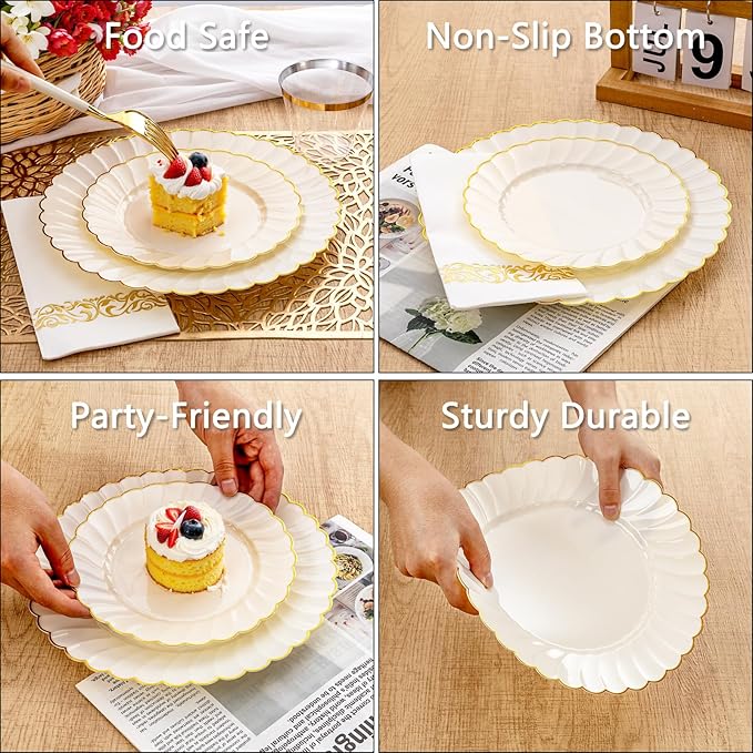 Ciaell 175 PCS Ivory Scalloped Plastic Plates - Gold Disposable Plates Fancy High-end Dinnerware Sets for Wedding & Party (25 Guests)