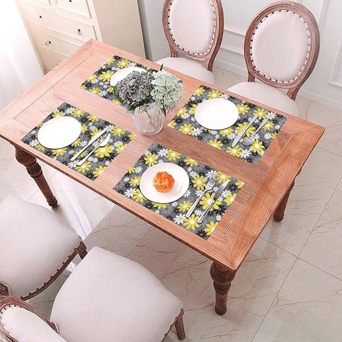 Placemats Set of 6 Vintage Daisy Place Mats Abstract White Yellow Floral Woven Table Mats Washable Black Grey PVC Placemat for Dining Kitchen Decor Indoor Outdoor, 12 x 18 Inch
