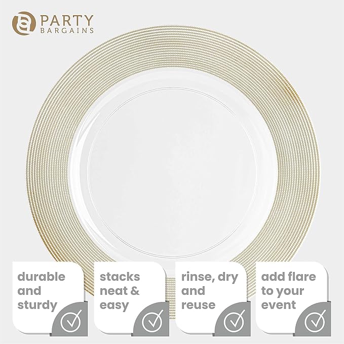 PARTY BARGAINS 13-Inch Charger Plates - 8 Pack, Clear Gold Rope Textured Rim, Heavy-Duty Disposable Chargers for Elegant Dining - Ideal for Weddings and Formal Events