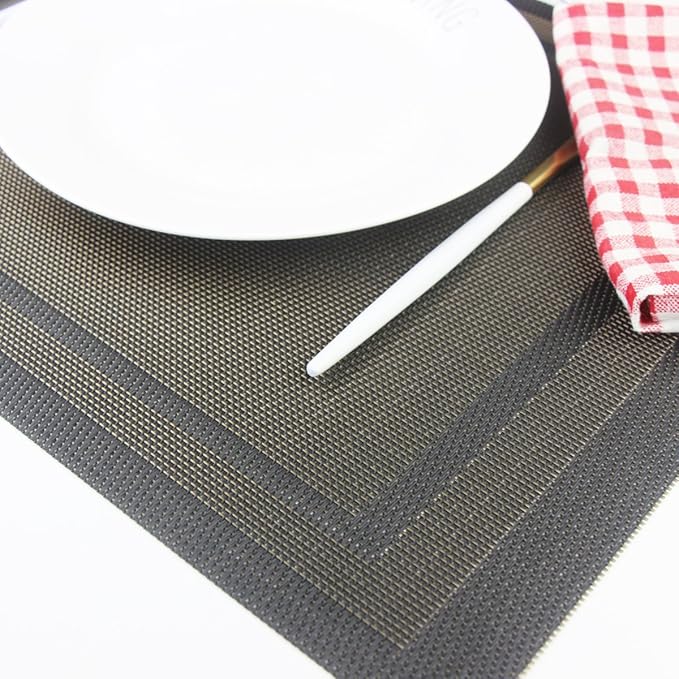 Placemats for Kitchen Woven Vinyl Table Placemat Heat-resistand Table Plastic Mats Set of 4 (Gold+Black)