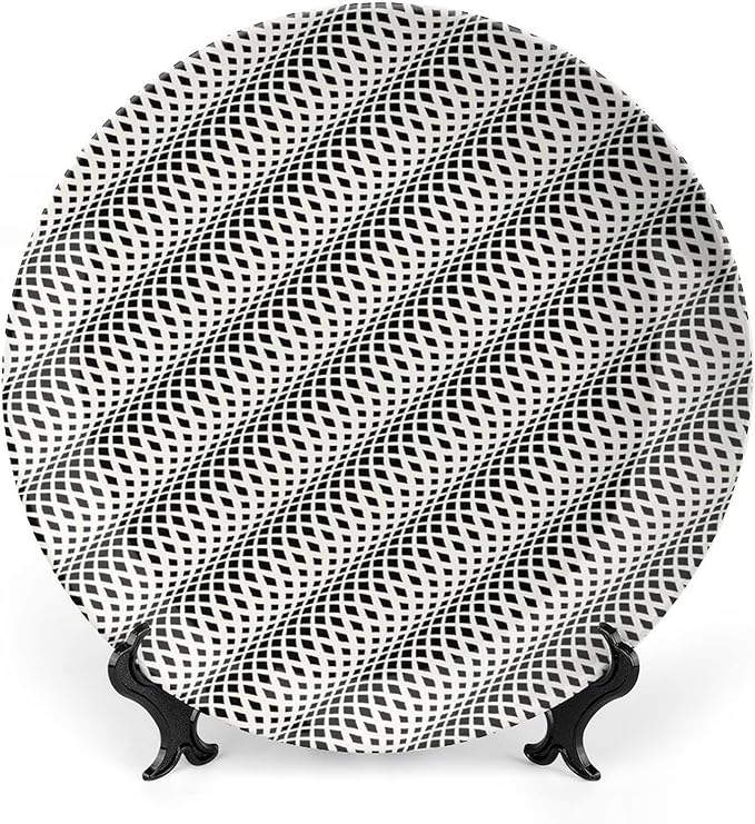 Decorative Plates, Abstract Print Ornament, Wavy Rhombus Abstract Modern Monochrome Decor, 10 Inch, 1 Plate with 1 Display Stand, Black White