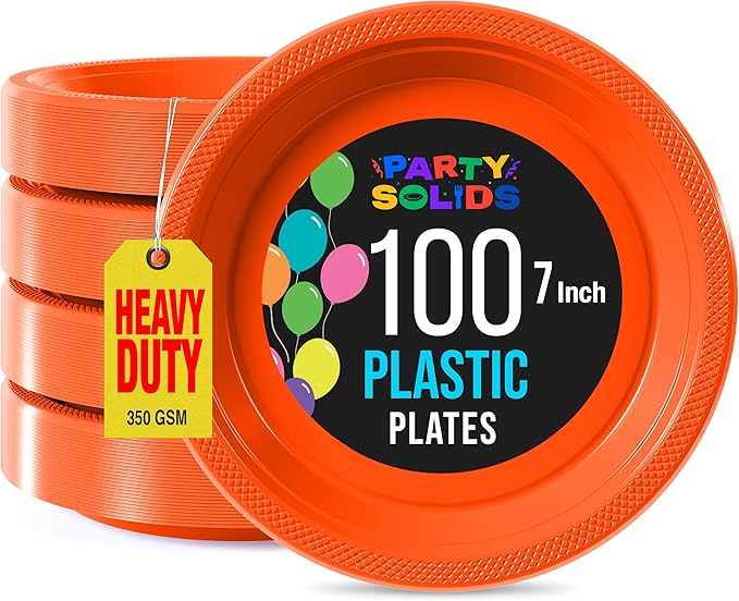 Orange Plastic Plates For Party 7" Orange Disposable Plates Heavy Duty 100 Pcs Plastic Dinnerware Sets Heavy Duty 350 GSM Disposable Dinnerware Set