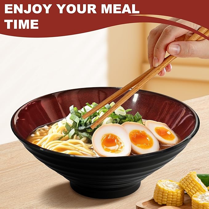 9.4-Inch 2 Sets Ceramic Ramen Bowl (8 Piece) - Japanese Porcelain Dishwasher Microwave Safe Salad Noodles Cereal Pasta Soup Large Bowls with Chopsticks Forks Spoons for Men Women Housewarming Gift