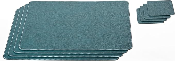 Nikalaz Set of 4 Placemats and 4 Coasters Made of Recycled Leather (18''x13'', Petroleum Green)