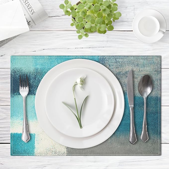 Emvency Farmhouse Placemats Set of 4, 12x18 Inch Modern Teal and Grey Abstract Art Painting Table Mats for Outdoor Home Party Kitchen Dining Decoration