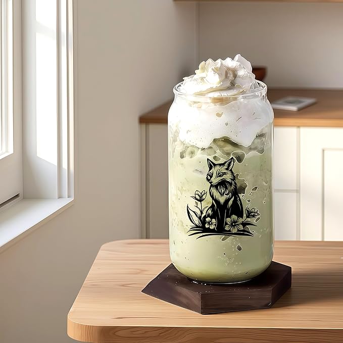 Cute Fox Glass Cup With Lids And Straws, Fox Gift For Women, Iced, Coffee, Smoothie, Cocktail, Beer, Whiskey, Soda, Matcha,16 Oz, Home Office Table Desk Decoration!