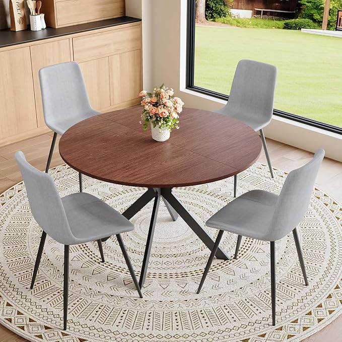Round Dining Table Set for 4｜42"-54" Extendable Dining Room Table Set｜Wooden Kitchen Table with 4 Chairs｜Mid Century Modern Dinner Table Set with Cross Legs｜Easy Assembly｜Space Saving