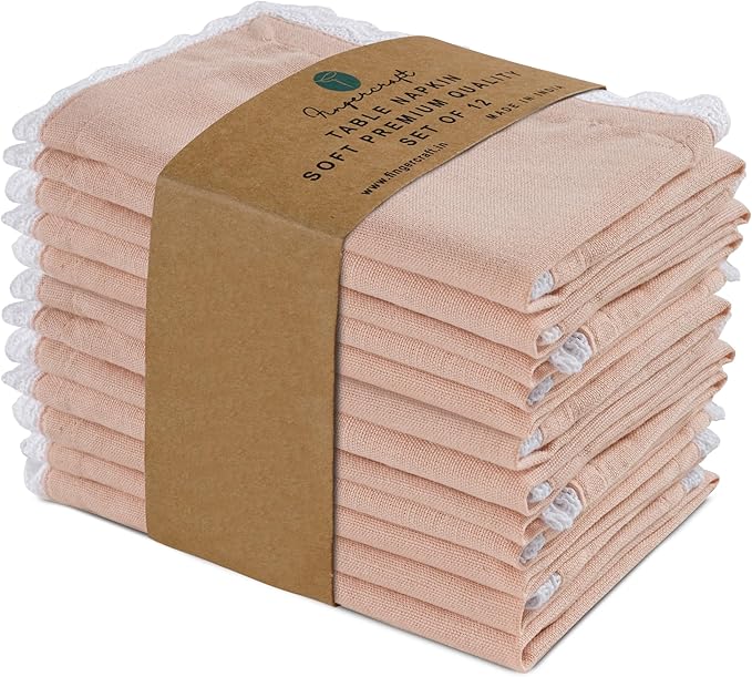 Fingercraft Dinner Cloth Napkin Cotton Linen Blend 12 Pack Mitered Corners with Elegant Lace for Everyday Use Napkins are Pre Shrunk and Good Absorbency (Pink, 12in x 12in)