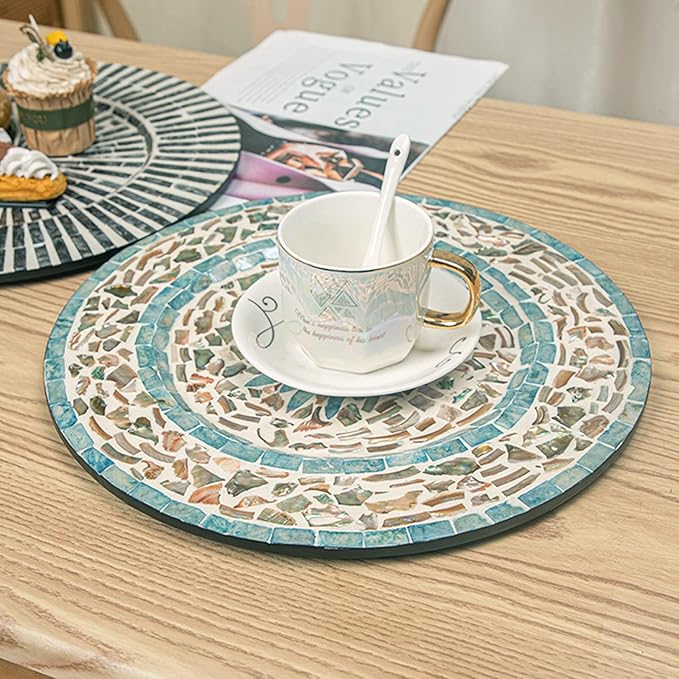 i-lan 2Pack 13" Mother Of Pearl Decorative Charger Plates for Display,Sea Shell Embedded Wood Charger Plates for Dining, Party,Diner Table Modern and Rustic Decorative Placemats,Green Ray