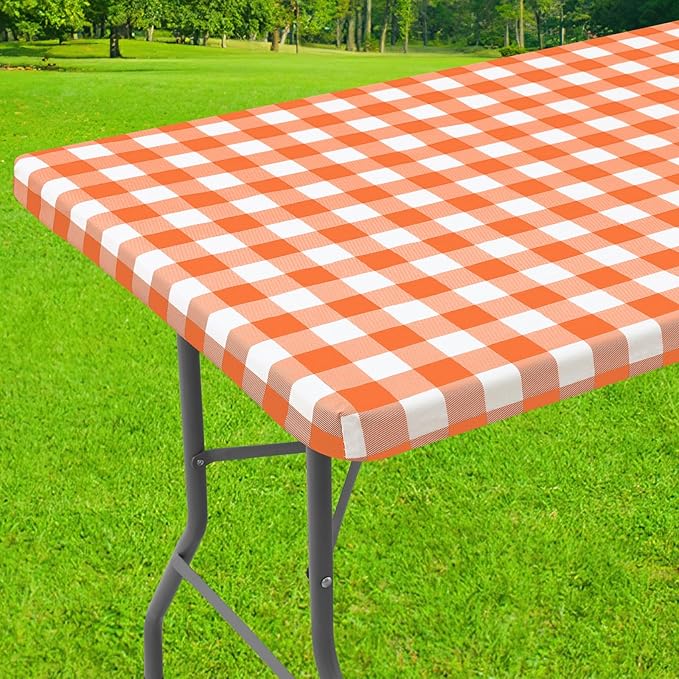 Smiry Rectangle Picnic Table Cloth, Elastic Waterproof Fitted Vinyl Tablecloths, Flannel Backed Buffalo Plaid Table Covers for Dining, Camping, Outdoor, Thanksgiving (White and Orange, 30" x 48")