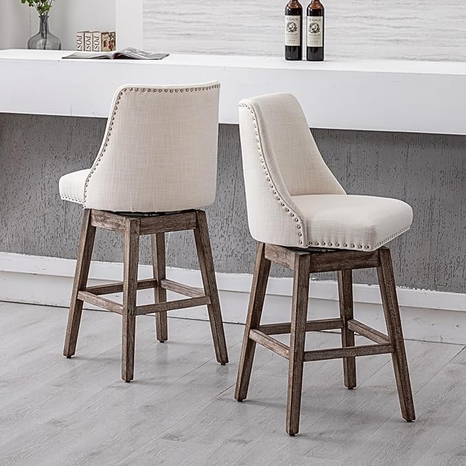 Counter Height Bar Stools Set of 2, Linen Fabric Mid Century Modern Swivel Barstool with Back & Wood Legs Comfy Upholstered Counter Chairs for Home Bar/Dining Room/Restaurant, Cream