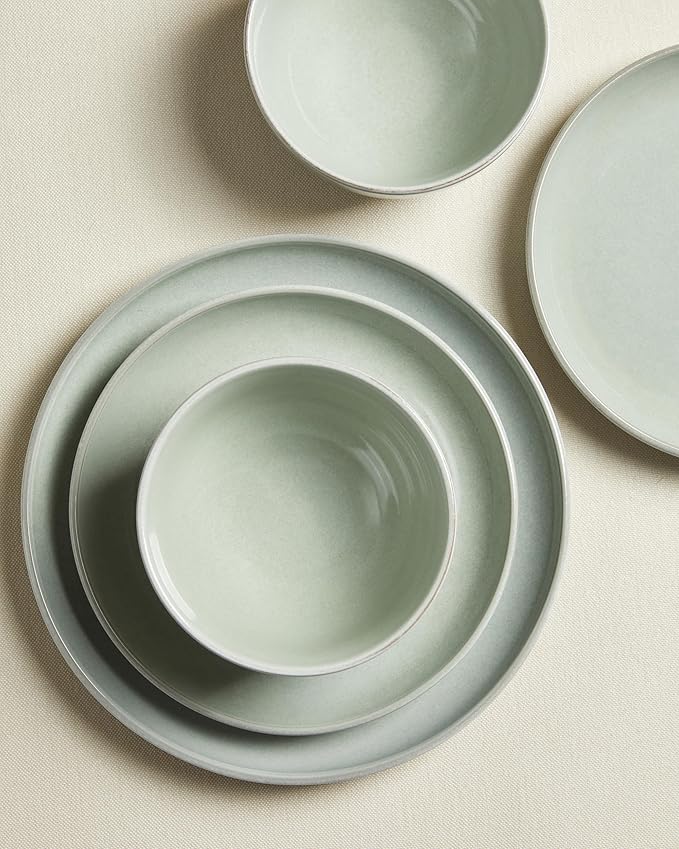 Santorini Mist Terracotta Reactive Glaze Plates and Bowls Sets, Stoneware Dinnerware Sets, Microwave and Dishwasher Safe Ceramic Dish Set Service for 4, Slate Green