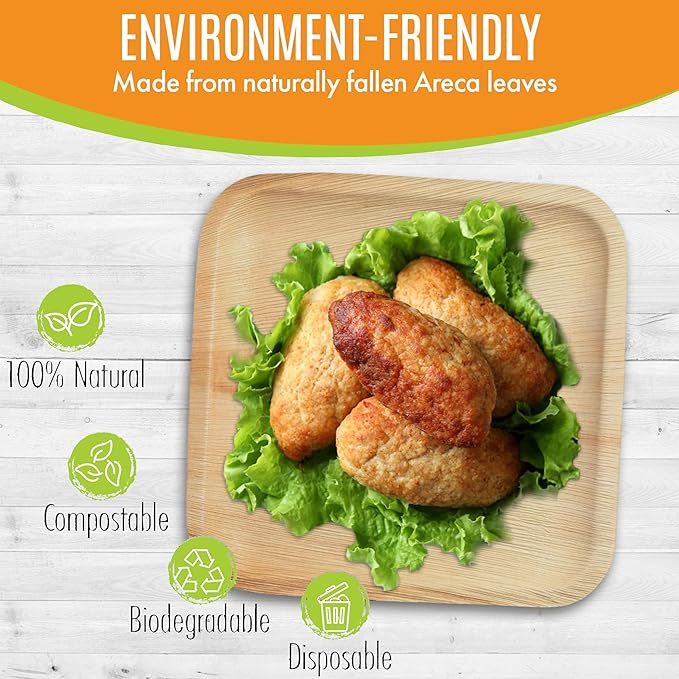 Raj Eco Compostable Palm Leaf Plate Like Bamboo Plates Disposable - 10 Inch Square 100 Party Plates, Natural Wooden, Eco-Friendly, Fancy Biodegradable & Disposable Wedding Picnic Plate