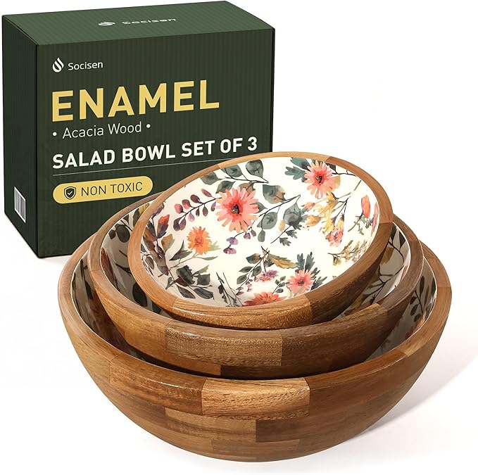 Greenual Salad Bowls Wooden Salad Bowl Set Large Bowls for Serving, Handmade with Serving Utensils Olive Green