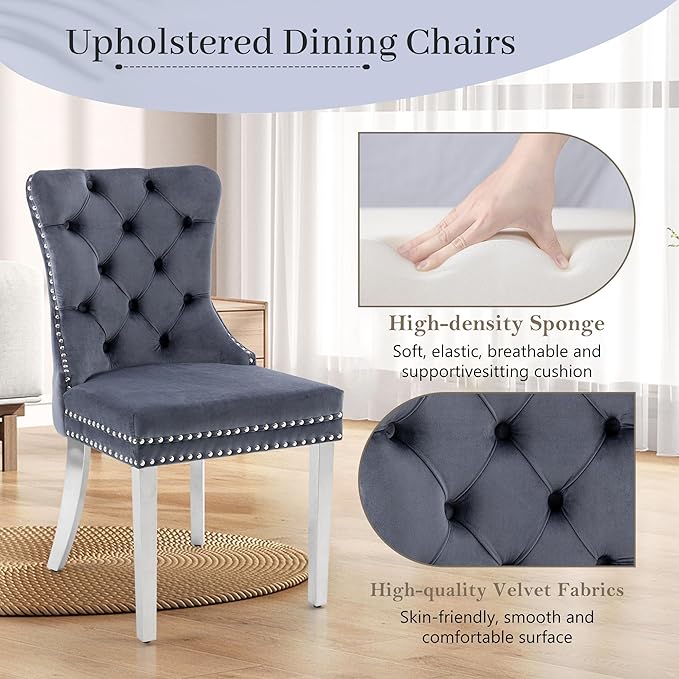 KCC Velvet Dining Chairs Set of 4, Upholstered High-end Tufted Dining Room Chair with Nailhead Back Ring Pull Trim Stainless Steel Legs, Contemporary Nikki Collection Modern Style for Kitchen, Gray