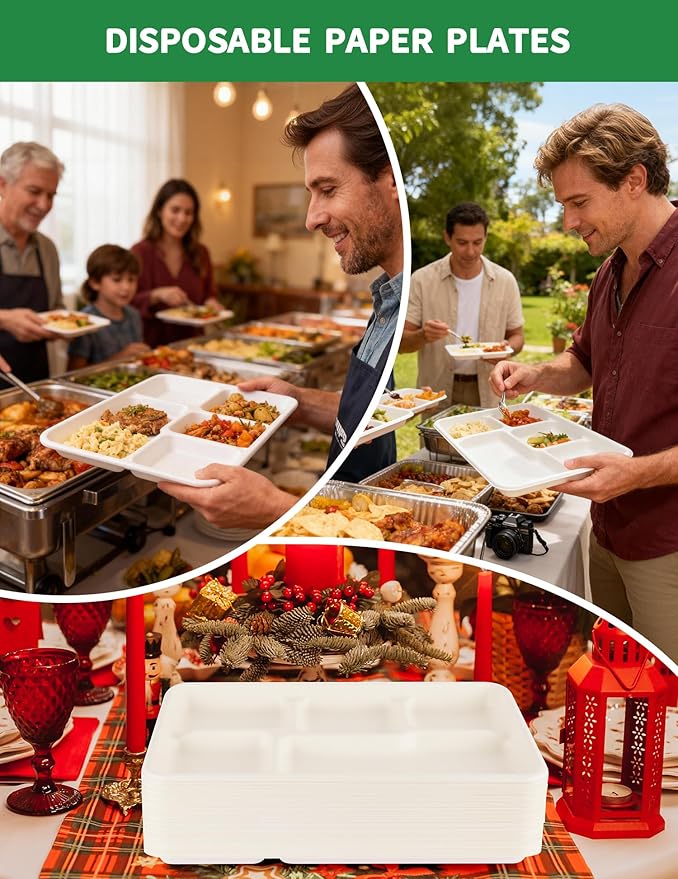 100% Compostable 5 Compartment Plates - 100 Pack Heavy Duty Lunch Trays, 12.5x8.6 Inch Disposable Bagasse Plates for School, Party, Buffet | Eco-Friendly Paper Trays with Dividers