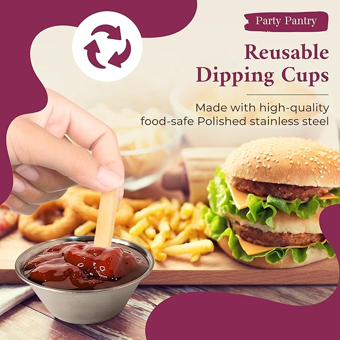 24 pcs Stainless Steel Condiment Small Sauce Cups - Round Ramekin Dipping Ramiken, Commercial Grade Metal Condiment for Ketchup, Soy Sauce, Vinegar, Butter