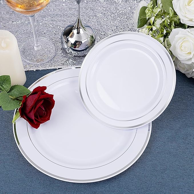 WDF 60PCS Silver Plastic Plates Disposable - Silver Plates Include 30 PCS 10.25inch Dinner Plates and 30PCS 7.5inch Salad Plates for Wedding & Party Christmas