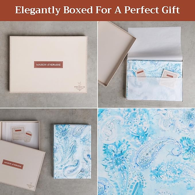Maison d' Hermine Premium Table Cloth Rectangle Table 100% Combed Cotton 90 x 70 Inches Tablecloth Reusable Decorative for Dining Room, Farmhouse, Home, Party, Festive & Wedding - Paisley Blues