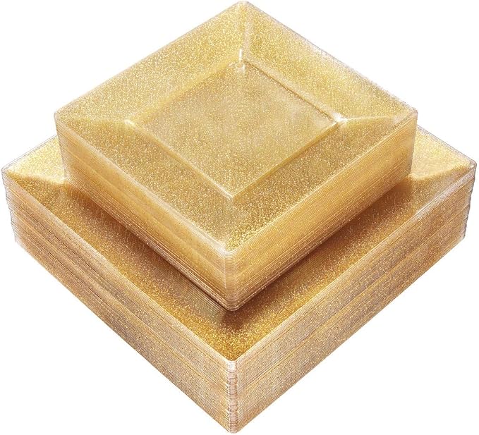Liacere 60Pieces Gold Glitter Plastic Plates - Premium Square Disposable - Include 30PCS 9.5inch Gold Dinner - 30PCS 7inch Gold Dessert/Salad Plates for Party&Wedding&Christmas