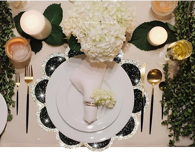 Washable Waterproof Diamond Circle Placemats for Round Tablescape Decor for Dinner and Kitchen Bling Placemats for Weddings & Special Events (Black)-8PCS
