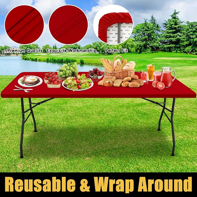 Smiry Rectangle Picnic Table Cloth, Waterproof Elastic Fitted Tablecloths for 8 Foot Tables, Washable Polyester Table Cover for Camping, Indoor and Outdoor (Red, 30"x96")