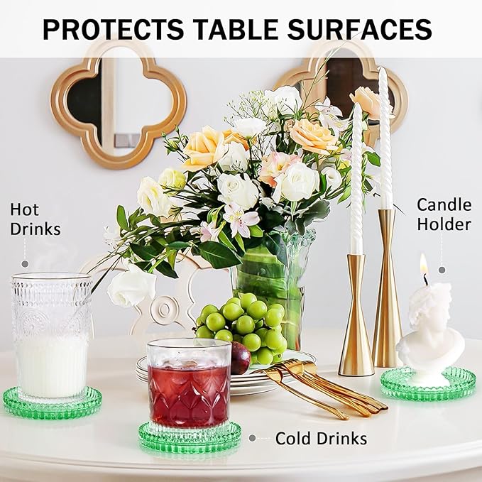 Modern Glass Coasters, GOH DODD Set of 6 Crystal Coasters Tabletop Protection for Drinks, Home Decor, Kitchen, Living Room, Patio, Wedding, Party, Housewarming Gifts, Clear Green