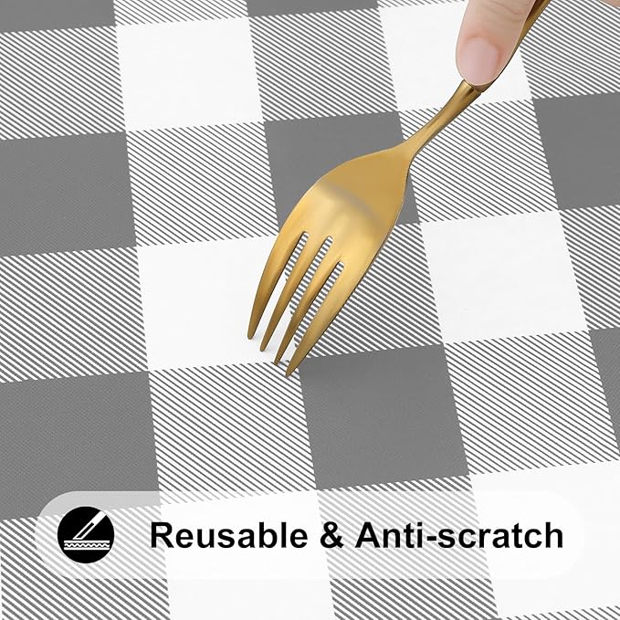 Smiry Rectangle Picnic Table Cloth, Elastic Waterproof Fitted Vinyl Tablecloths, Flannel Backed Buffalo Plaid Table Covers for Dining, Camping, Outdoor (White and Grey, 24" x 48")