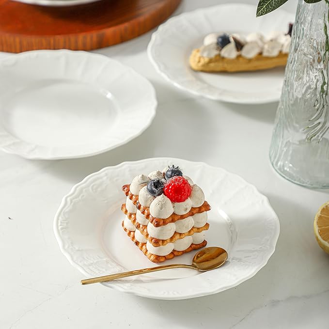 Neaylfe 8 Piece Embossed Ceramic Appetizer & Dessert Plates, 7.4 Inch White Round Dinner Plates for Salad, Snack, White Kitchen Dinnerware Dishes Set, Dishwasher & Microwave Safe