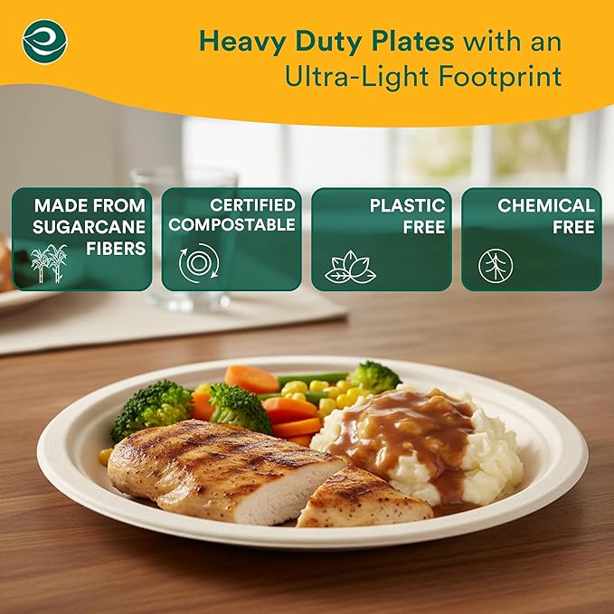 ECO SOUL 100% Compostable Paper Plates 10 Inch [100-Pack] Biodegradable Heavy Duty Eco-Friendly Disposable Plates for Dinner, Parties, Wedding & Event