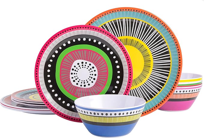 Gibson Home Almira Melamine Dinnerware, Assorted, Service for Four (12pcs)