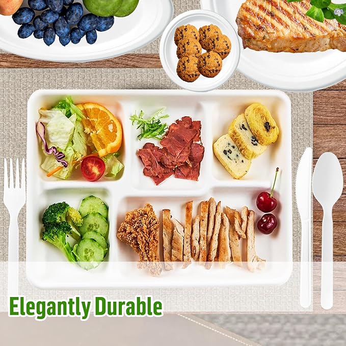 5 Compartment Compostable Heavy Duty Disposable Paper Plates, 150 Count | 10.2" X 8.3" | Natural Bagasse, White Biodegradable Eco-Friendly School Lunch, Buffet, Party Sugarcane Tray